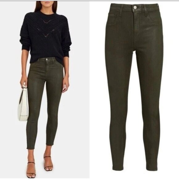 L'Agence  28 Margot High Rise Skinny Green Wax Coated Stretch Jeans Sz 25 $ 265 - Picture 1 of 13